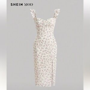 SHEIN MOD Floral Midi Dress - Cream and Pink